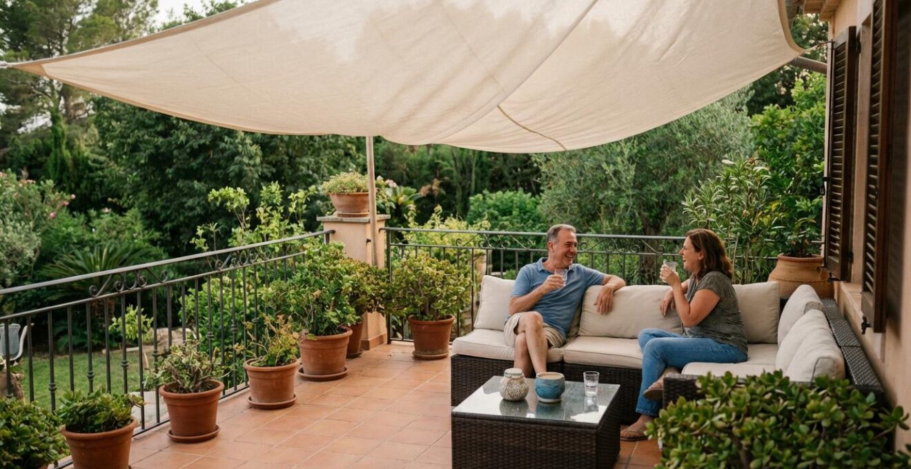 Terraza mediterránea con toldo a dos aguas desplegado sobre zona de estar exterior