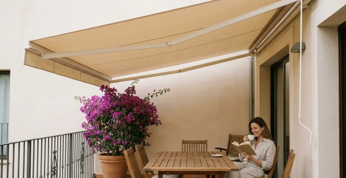 Toldo monobloc desplegado sobre terraza mediterránea con mesa y sillas de jardín