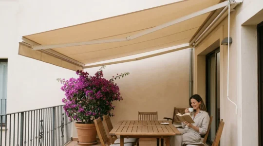 Toldo monobloc desplegado sobre terraza mediterránea con mesa y sillas de jardín