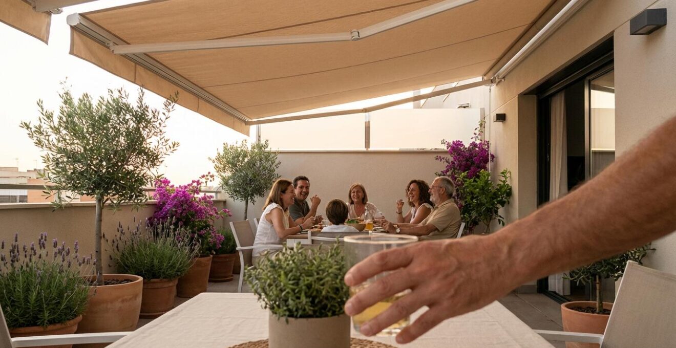 Toldo motorizado cofre desplegado sobre terraza moderna con familia disfrutando de la sombra